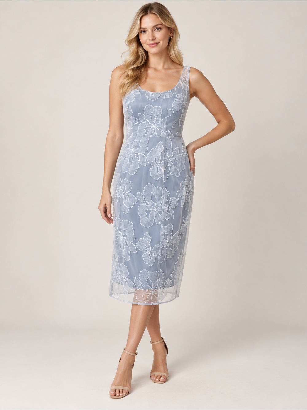 Elegant Light Blue Lace Overlay Sheath Dress
